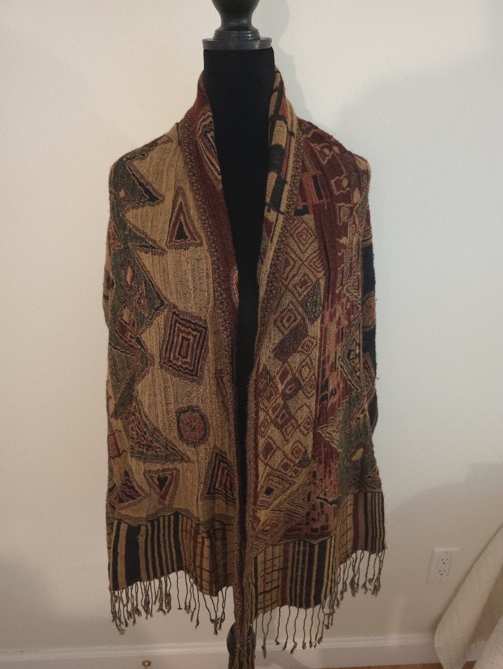 Women's Wrap Scarf Bohemian Tribel/ Kilim Tapestry Style Twisted Fringe 17x80 in